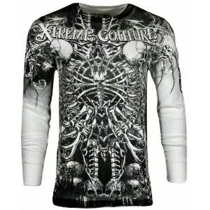 Футболка с длинным рукавом 3XL XTREME COUTURE by AFFLICTION Men LONG SLEEVE THERMAL Shirt CATACOMBS Skull Biker White