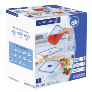 Набор квадратных контейнеров Luminarc PURE BOX ACTIVE с крышкой 380мл, 760мл,1220мл, H7685 (G1603, G8598)